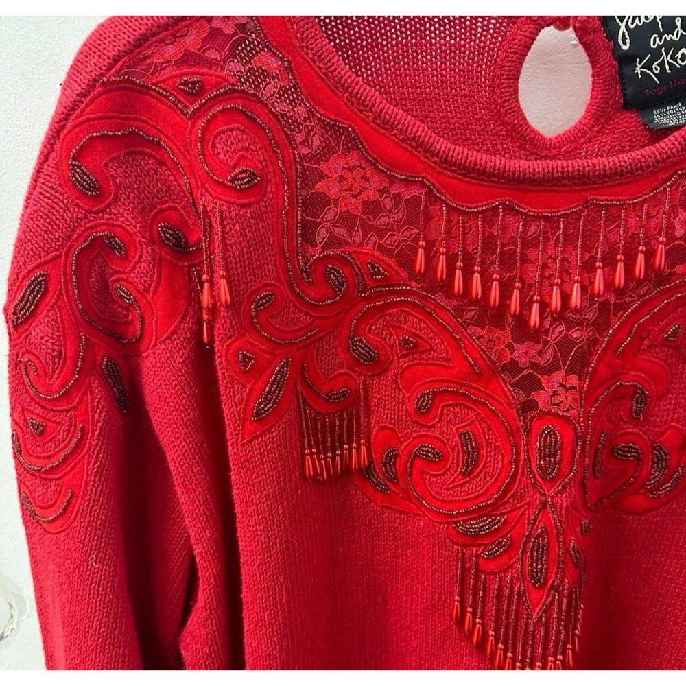 Vintage deep goth red lace beaded sweater blouse top plus size Jaque Koko 22/24
